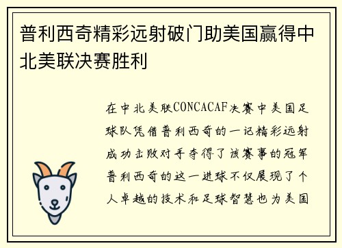 普利西奇精彩远射破门助美国赢得中北美联决赛胜利
