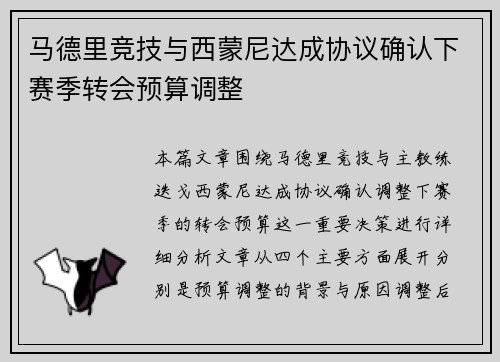 马德里竞技与西蒙尼达成协议确认下赛季转会预算调整